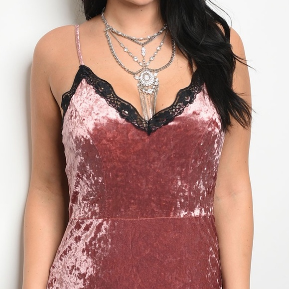 Deep Pink Black Lace Velvet Ruched Slip Dress - Picture 3 of 7